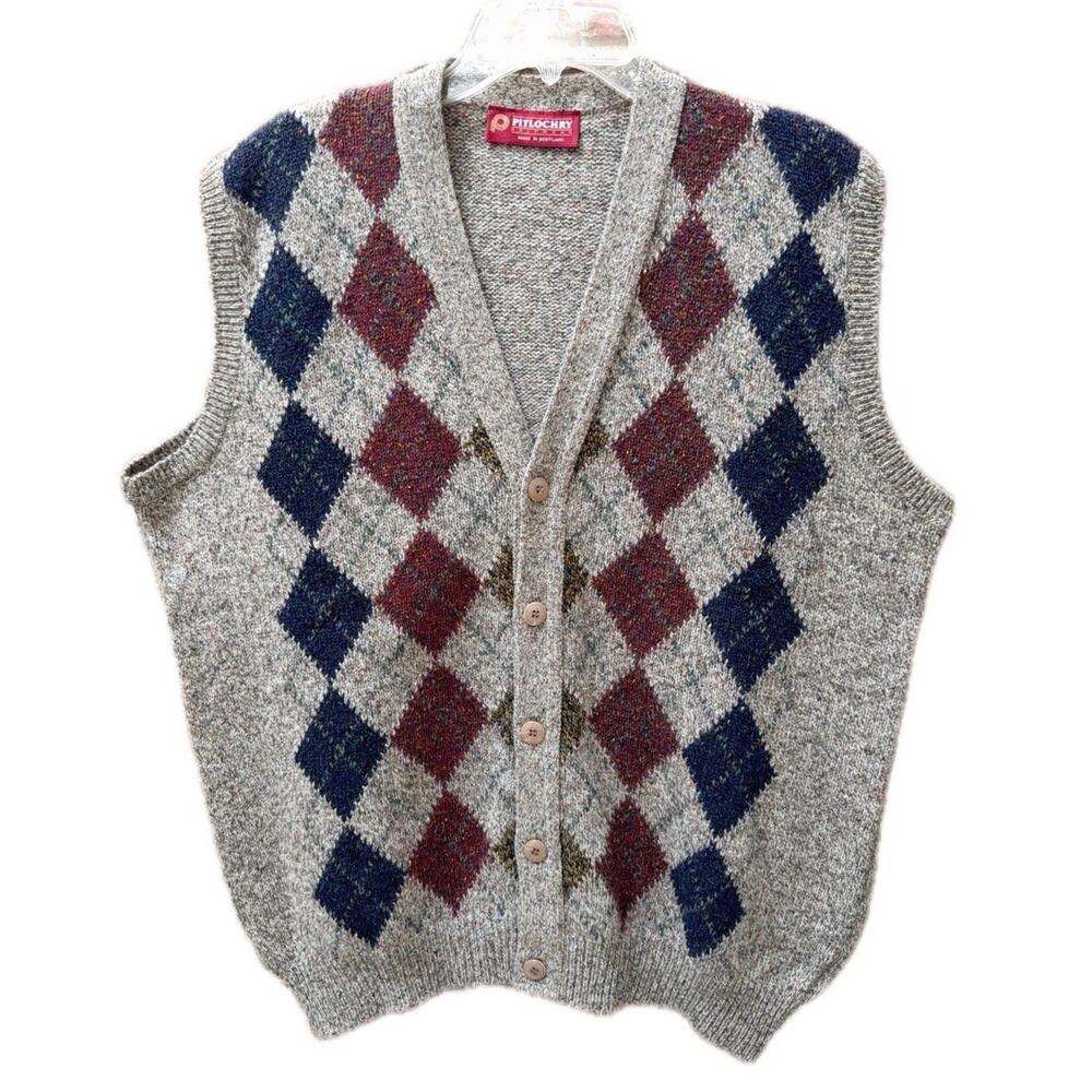 Pitlochry Scotland Wool Sweater Vest Argyle Buttons Grandpa Large Academia 90’s
